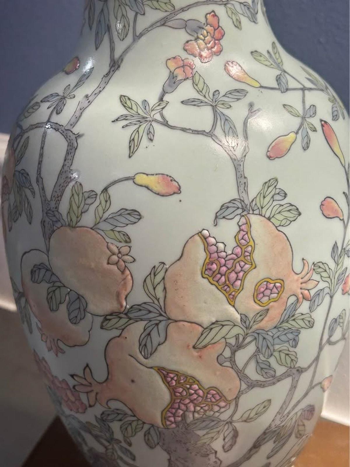 Vintage Chinese Porcelain Famille Rose Pomegranate Vase Celadon Ground Apocryphal Qianlong Mark