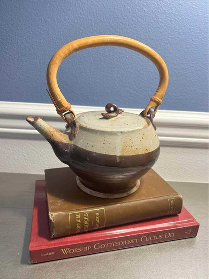 Vintage Connie Dubois Studio Pottery Teapot | Two-Tone Stoneware with Bamboo Handle | Signed 2001