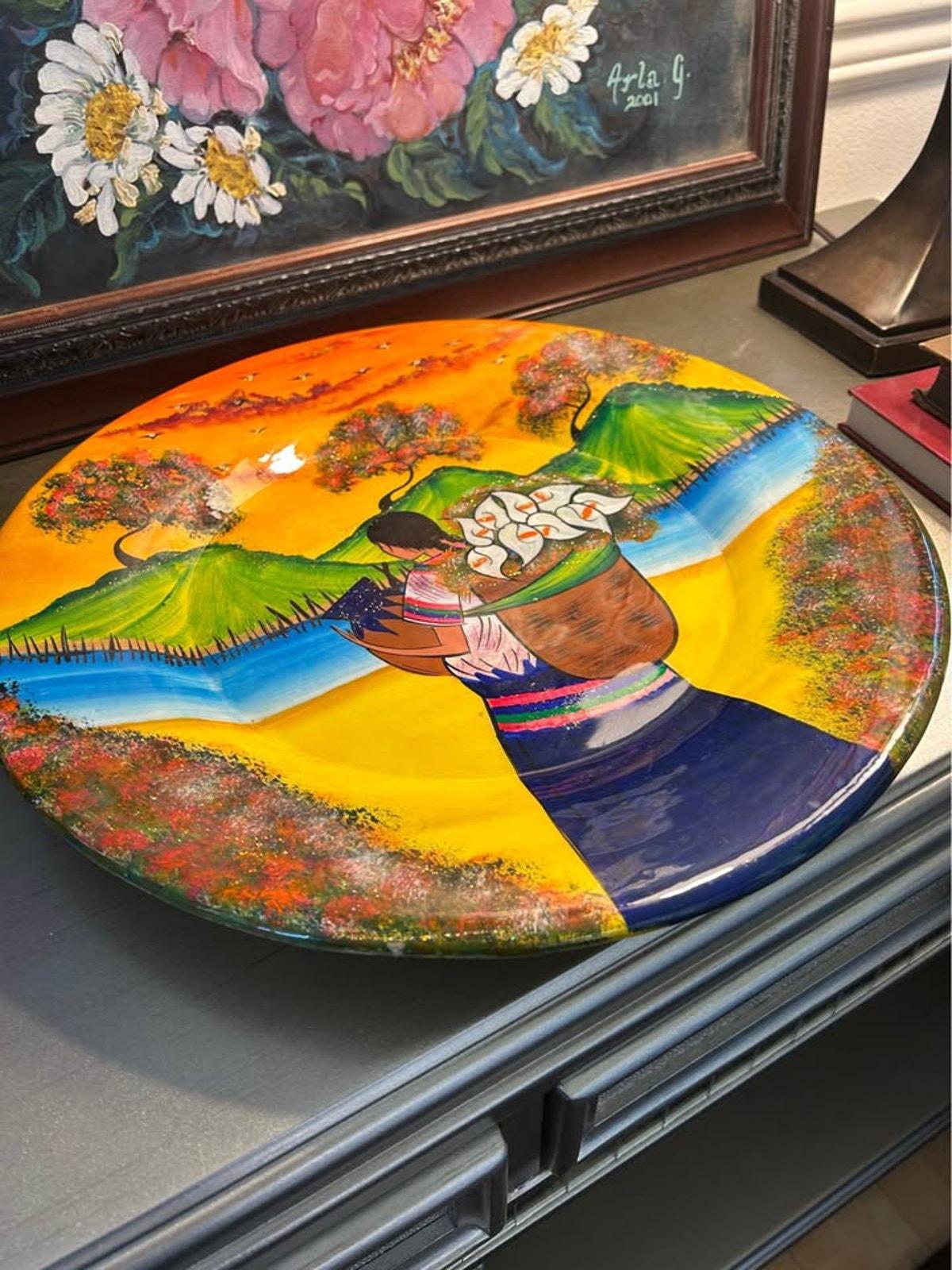 Vintage Tonalá Terracotta Charger, Gabriel Hand-Painted Mexican Folk Art, 15.5" Calla Lily Pottery