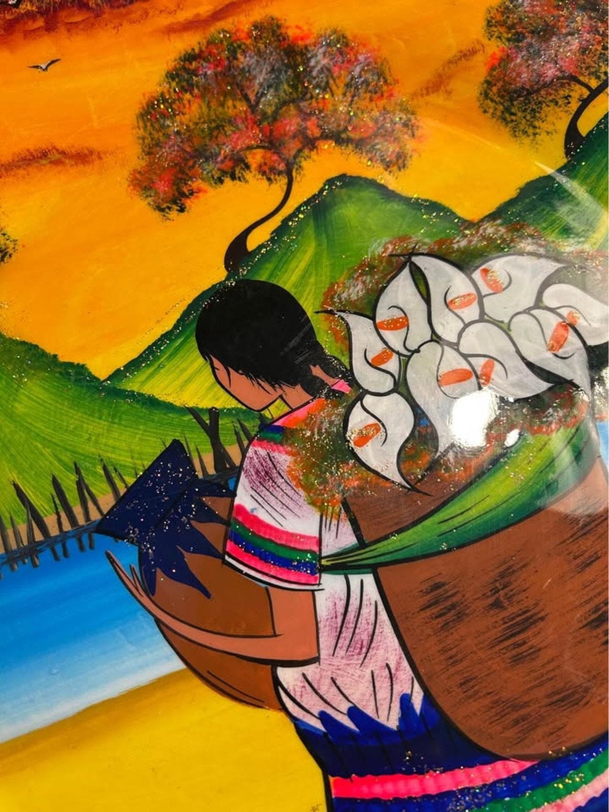 Vintage Tonalá Terracotta Charger, Gabriel Hand-Painted Mexican Folk Art, 15.5" Calla Lily Pottery