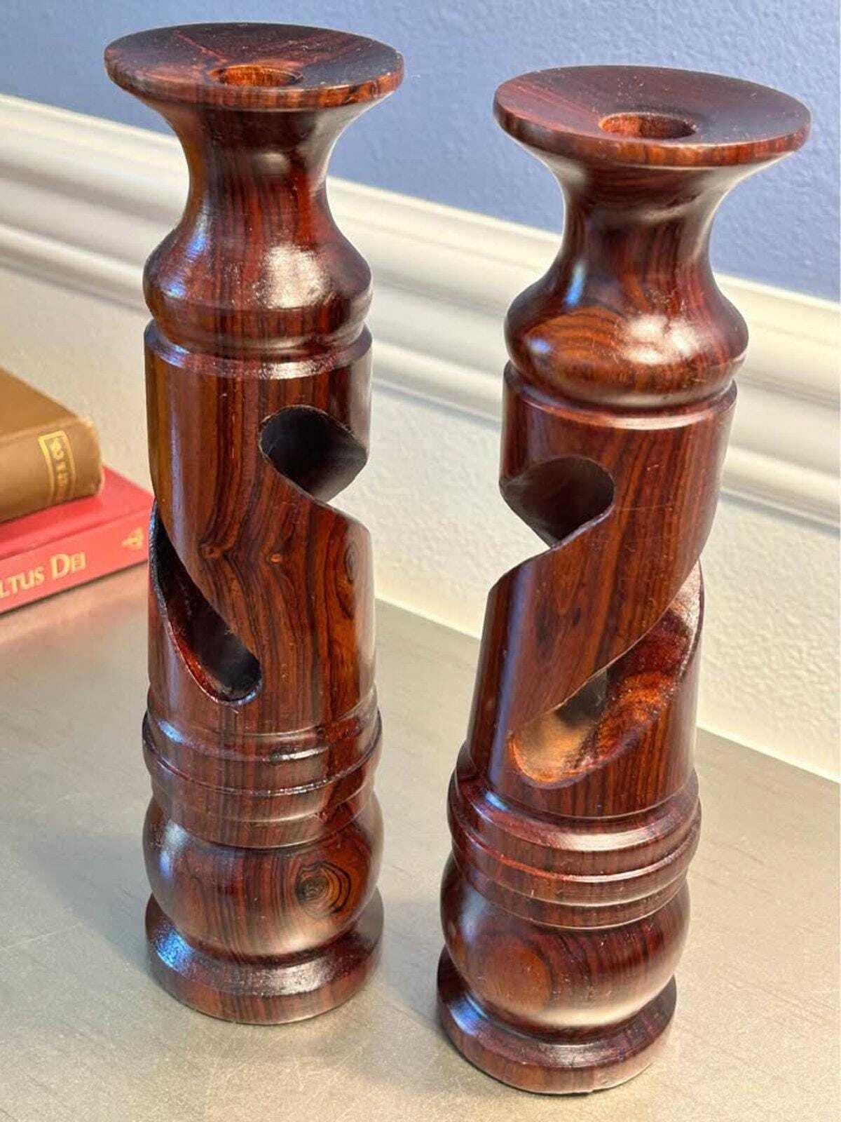 Vintage Hand-Turned Barley Twist Solid Wood Candlesticks
