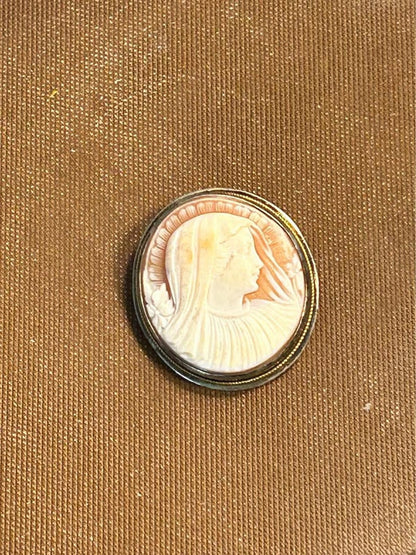 Hand-Carved Shell Cameo Brooch & Pendant, Veiled Madonna Portrait