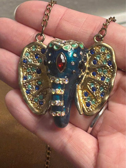 Vintage Betsey Johnson Blue Enamel Elephant Pendant Necklace