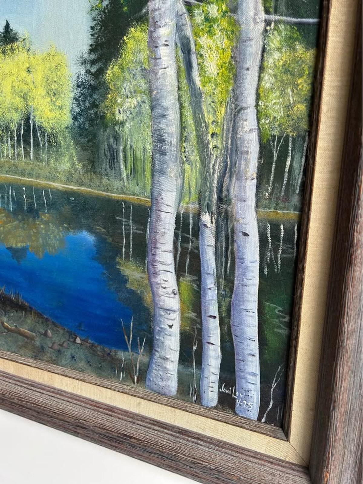 Joni Lewis Original Oil Painting - Birch Trees and Lake Landscape, 1975 - Framed 27x21.5