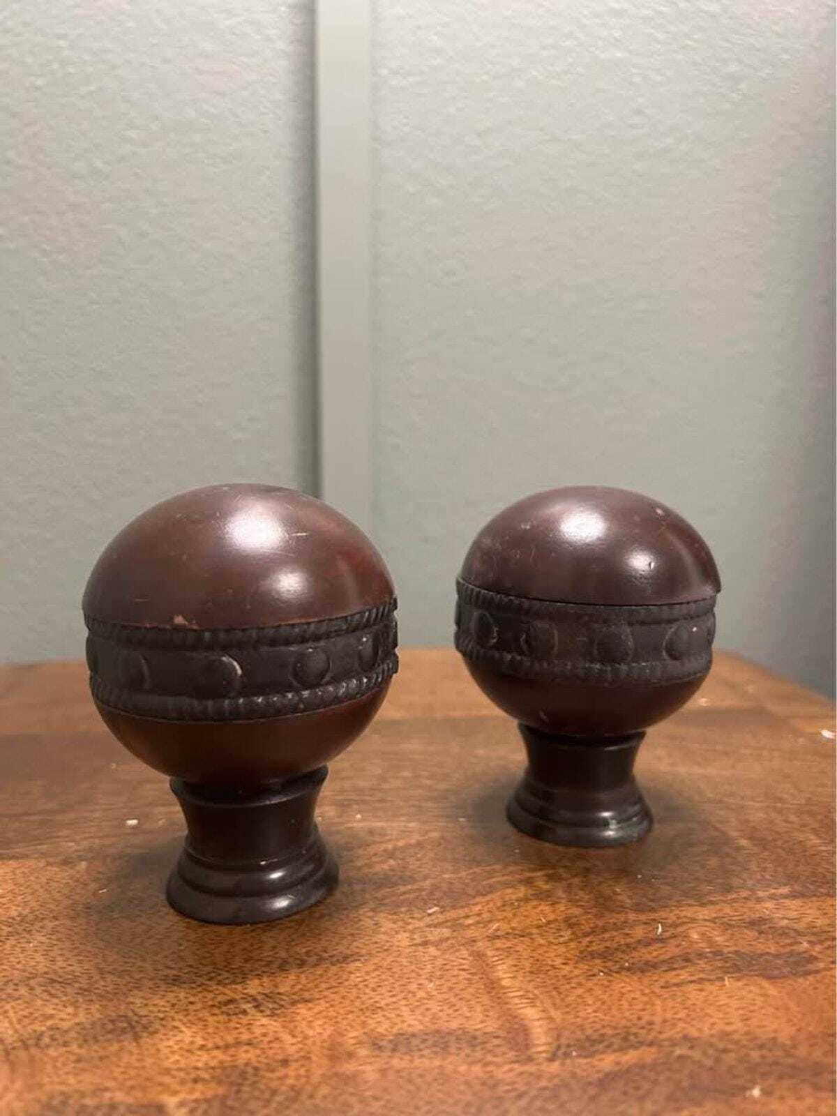 Vintage Mahogany Wood Sphere Finials – Carved Studded Detail, MCM Drapery Hardware