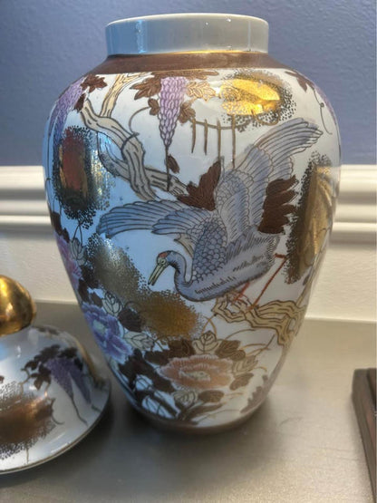 Antique Meiji Period Kutani Porcelain Ginger Jar – Wisteria and Crane