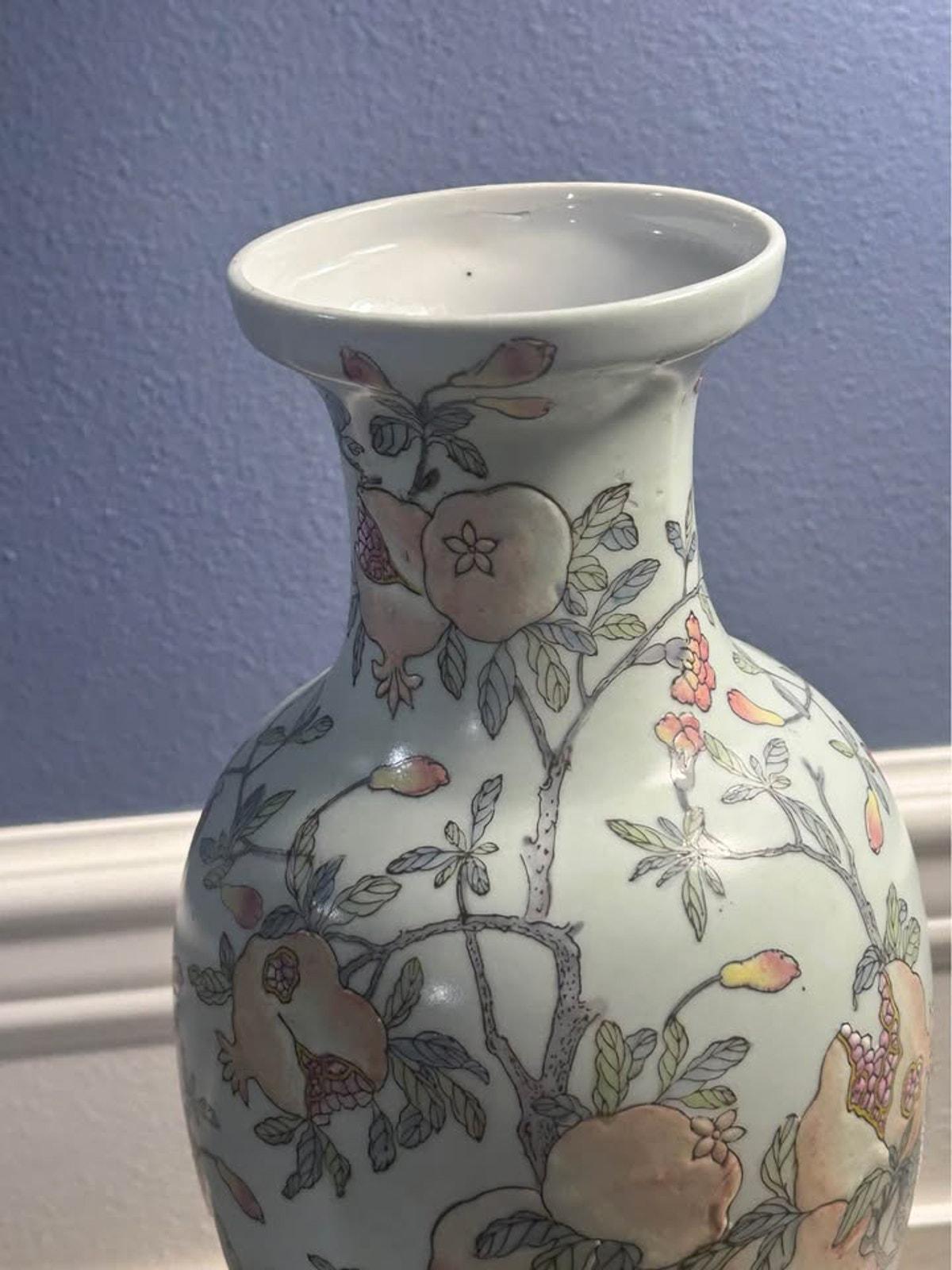 Vintage Chinese Porcelain Famille Rose Pomegranate Vase Celadon Ground Apocryphal Qianlong Mark