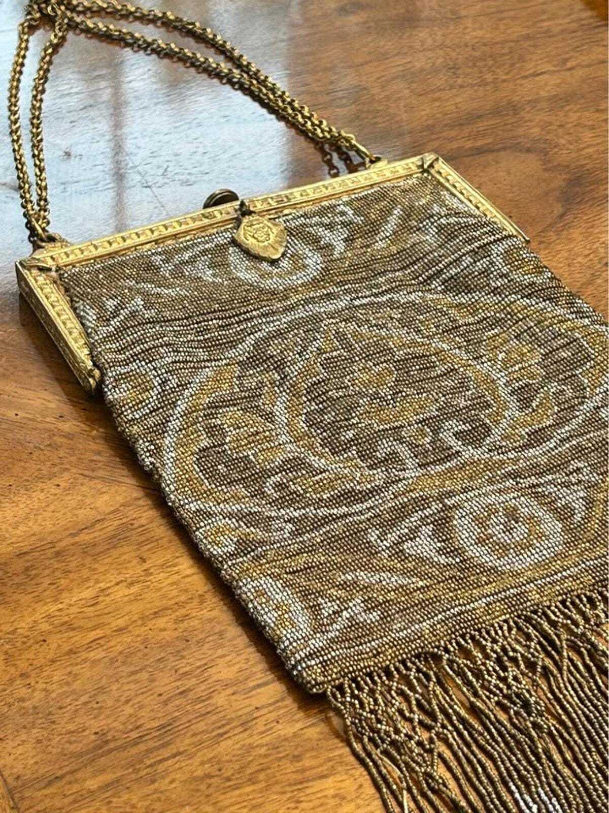 Antique 1920s Art Deco Micro-Beaded Evening Purse with Brass Swan Frame
