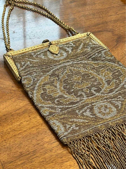 Antique 1920s Art Deco Micro-Beaded Evening Purse with Brass Swan Frame