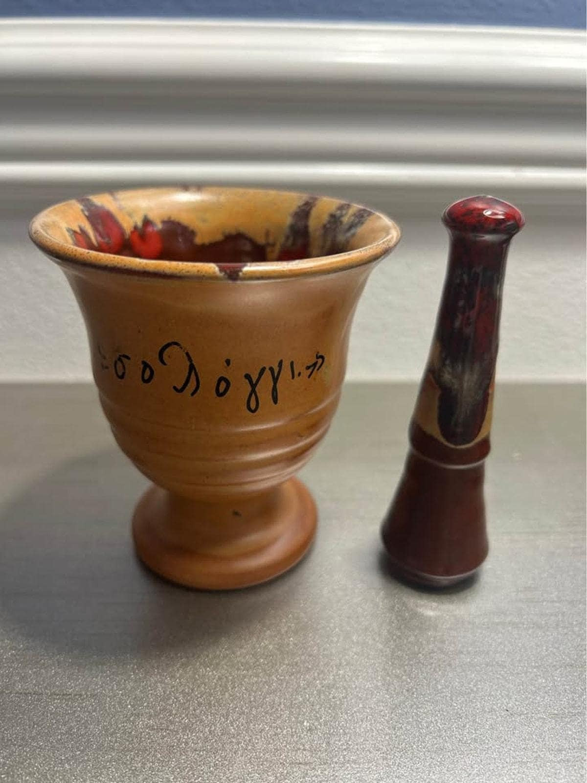 Vintage Handmade Greek Ceramic Mortar and Pestle | Signed Missolonghi Terracotta | Hellenic Folk Art Kitchenware