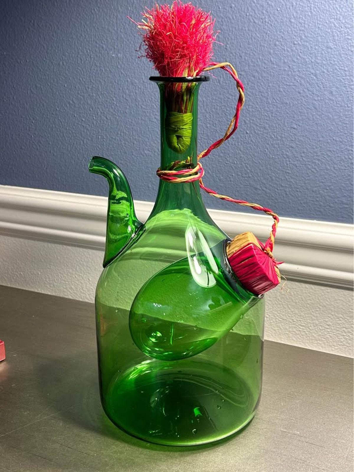 Empoli Vintage Italian Green Blown Glass Double Chamber Wine Chiller Decanter