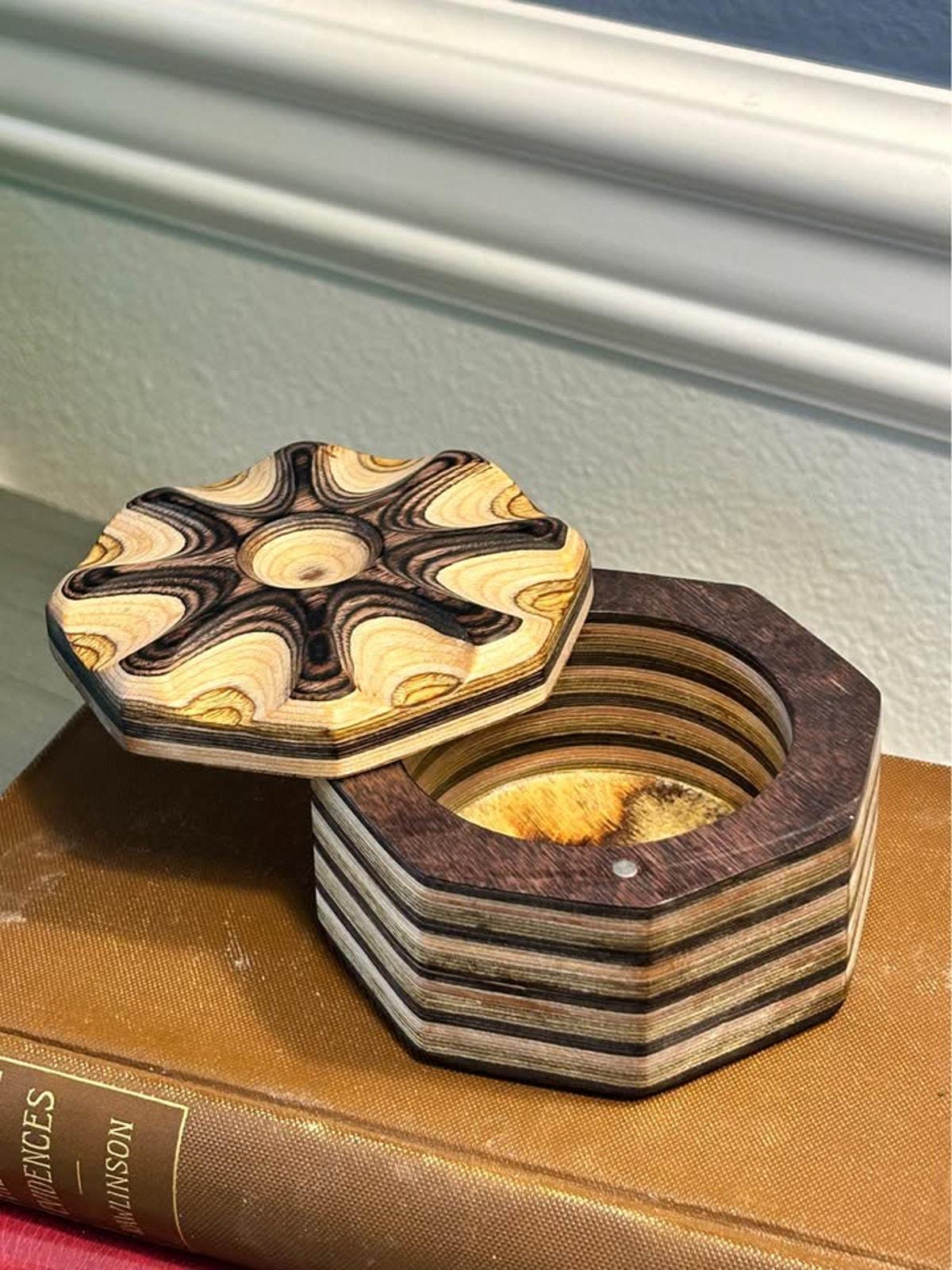 Artisan Carved Layered Wood Hexagonal Trinket Box with Magnetic Lid
