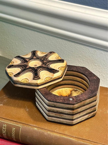 Artisan Carved Layered Wood Hexagonal Trinket Box with Magnetic Lid