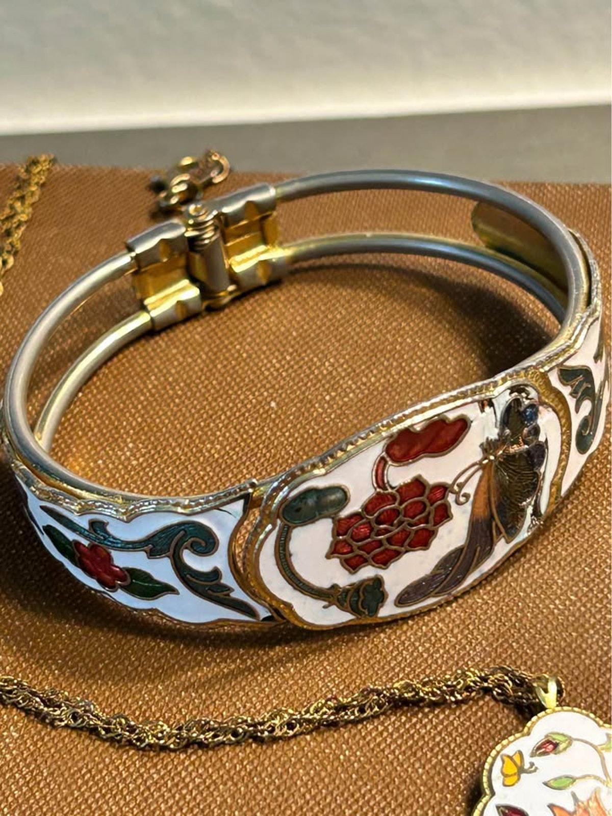 Vintage Chinese Cloisonné Jewelry Set | White Floral Butterfly Bangle, Pendant & Earrings