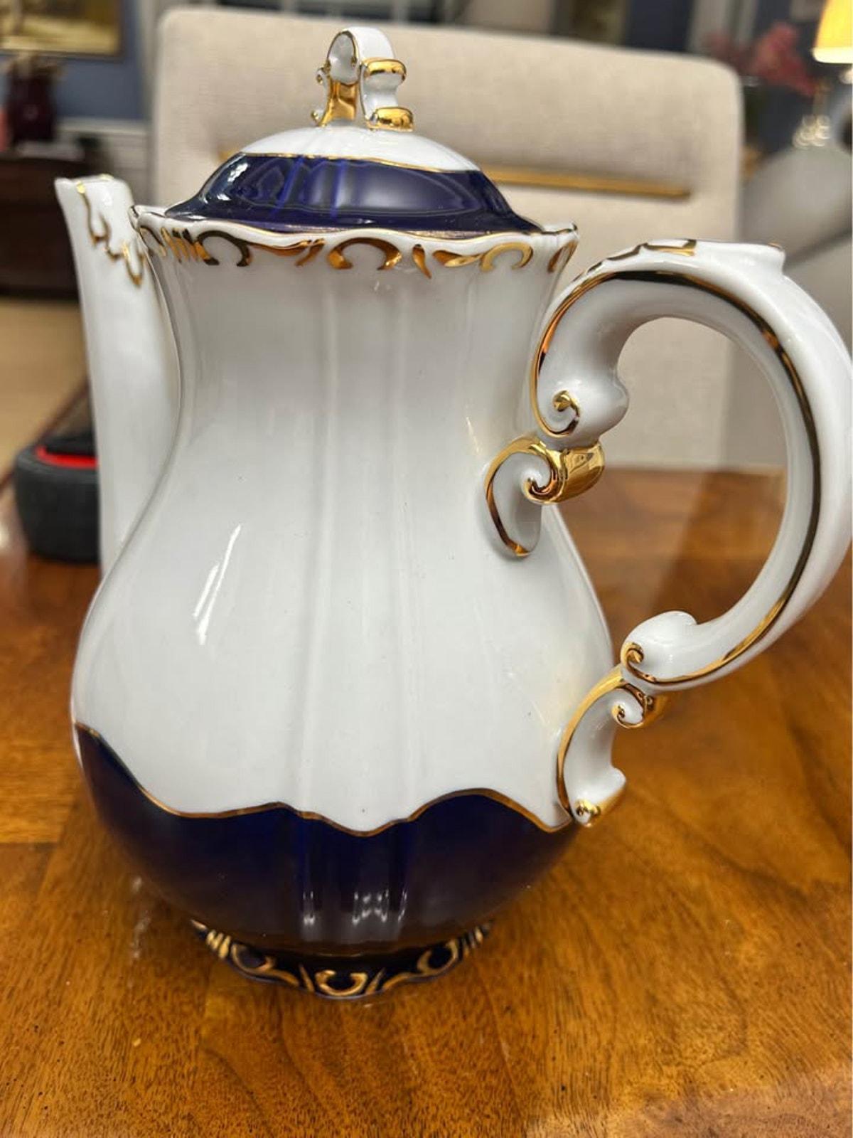 Vintage Zsolnay Pécs Hungary Cobalt Blue & Gold Porcelain Coffee Pot