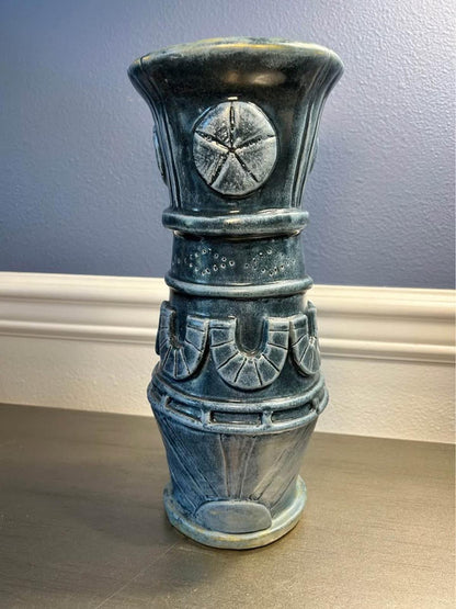 Artisan Indigo Blue Sand Dollar Pottery Vase - 11.5" Tall Coastal Stoneware