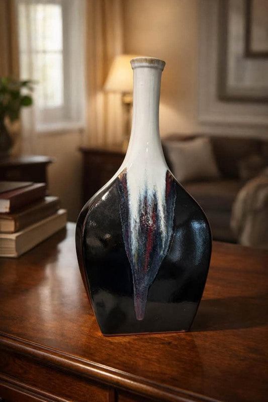 Extra Tall Mid-Century Drip Glaze Vessel – Obsidian Cream Studio Art Pottery 1970s Home Decor