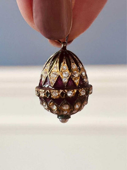 Vintage Fabergé Style Purple Enamel Egg Pendant with Rhinestone Accents