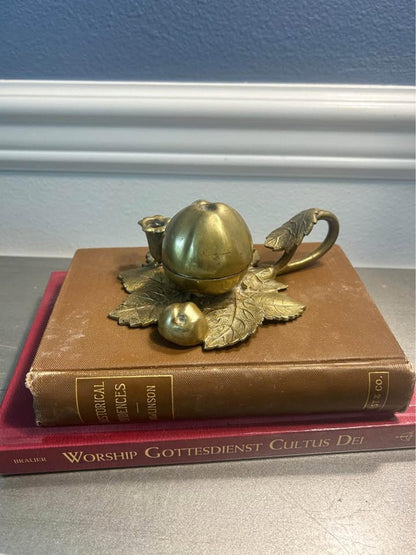 Antique Cast Brass Pomegranate Inkwell & Taper Candle Holder on Detailed Leaf Base
