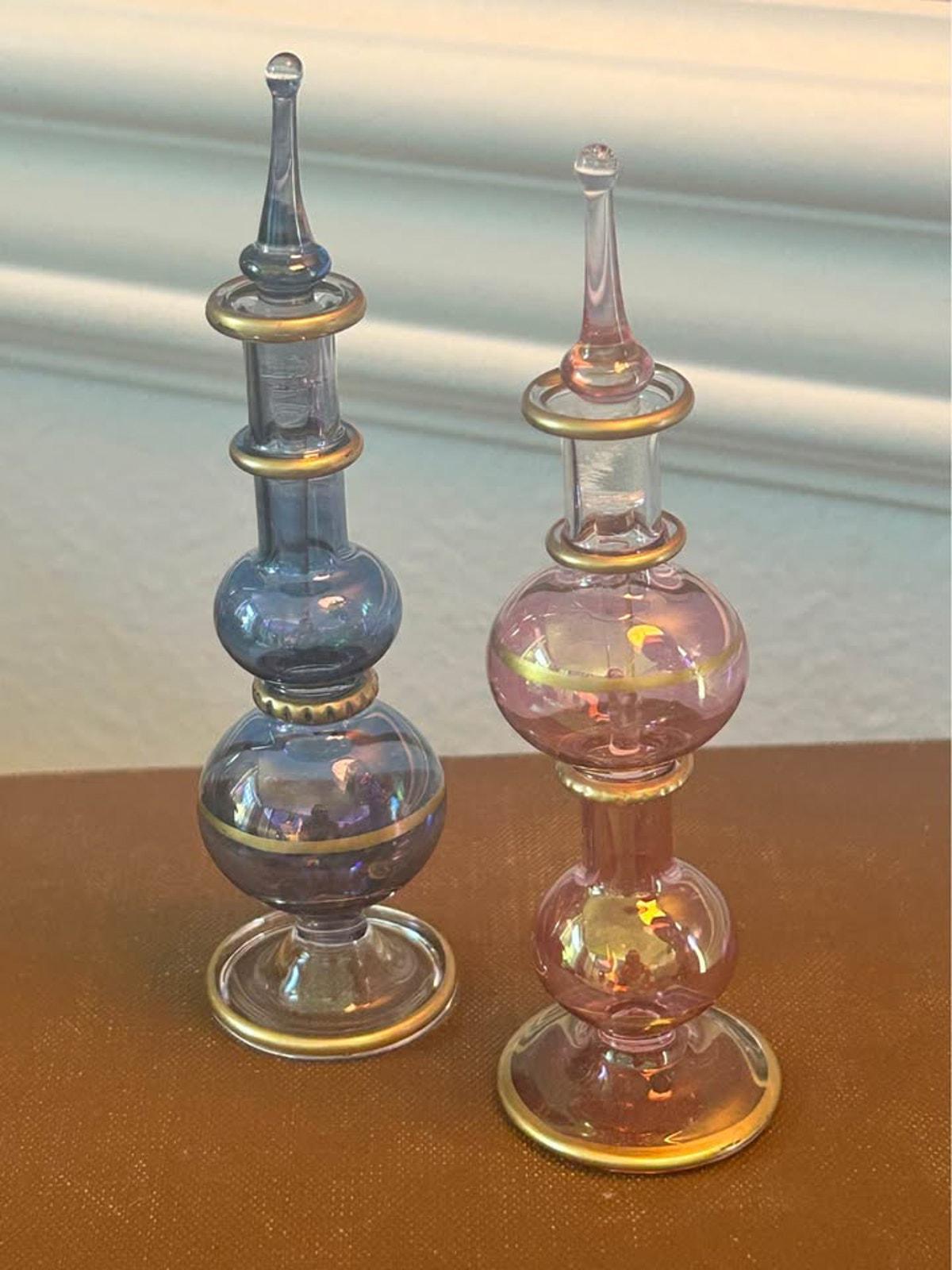 Vintage Egyptian Hand Blown Glass Perfume Bottles Gold Gilt Trim Set of Two