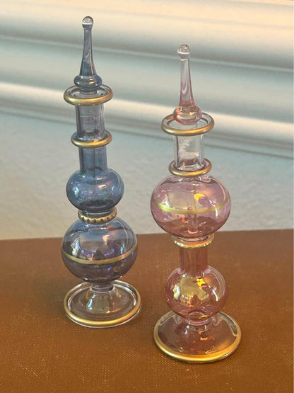 Vintage Egyptian Hand Blown Glass Perfume Bottles Gold Gilt Trim Set of Two