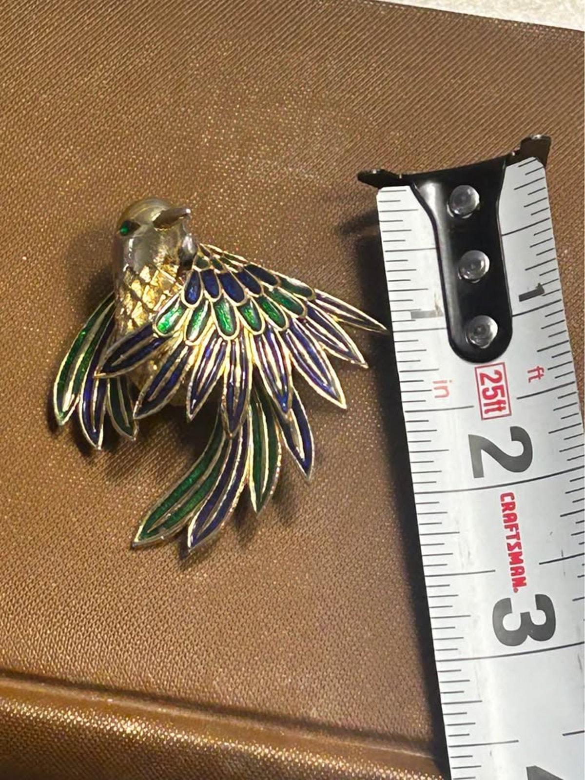 Vintage Sphinx London Bird Brooch, Gold Tone Blue & Green Enamel Pin, Numbered A2597