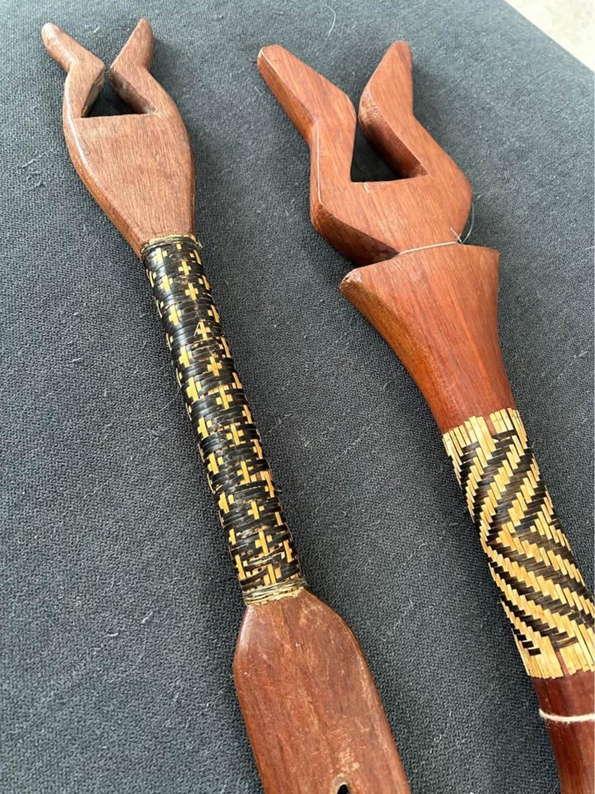 Vintage Fijian Cannibal Forks – Vesi Wood & Magimagi Weaving, Tribal Art