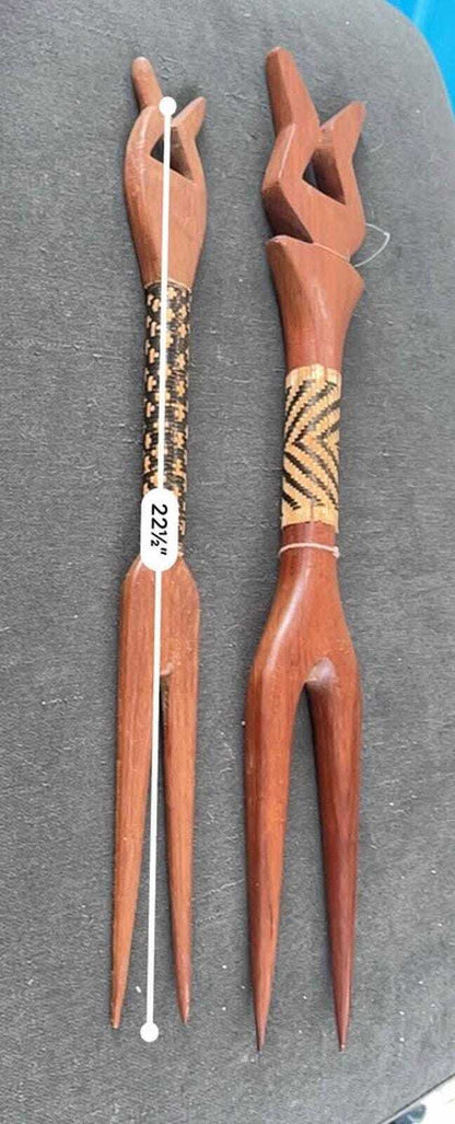 Vintage Fijian Cannibal Forks – Vesi Wood & Magimagi Weaving, Tribal Art