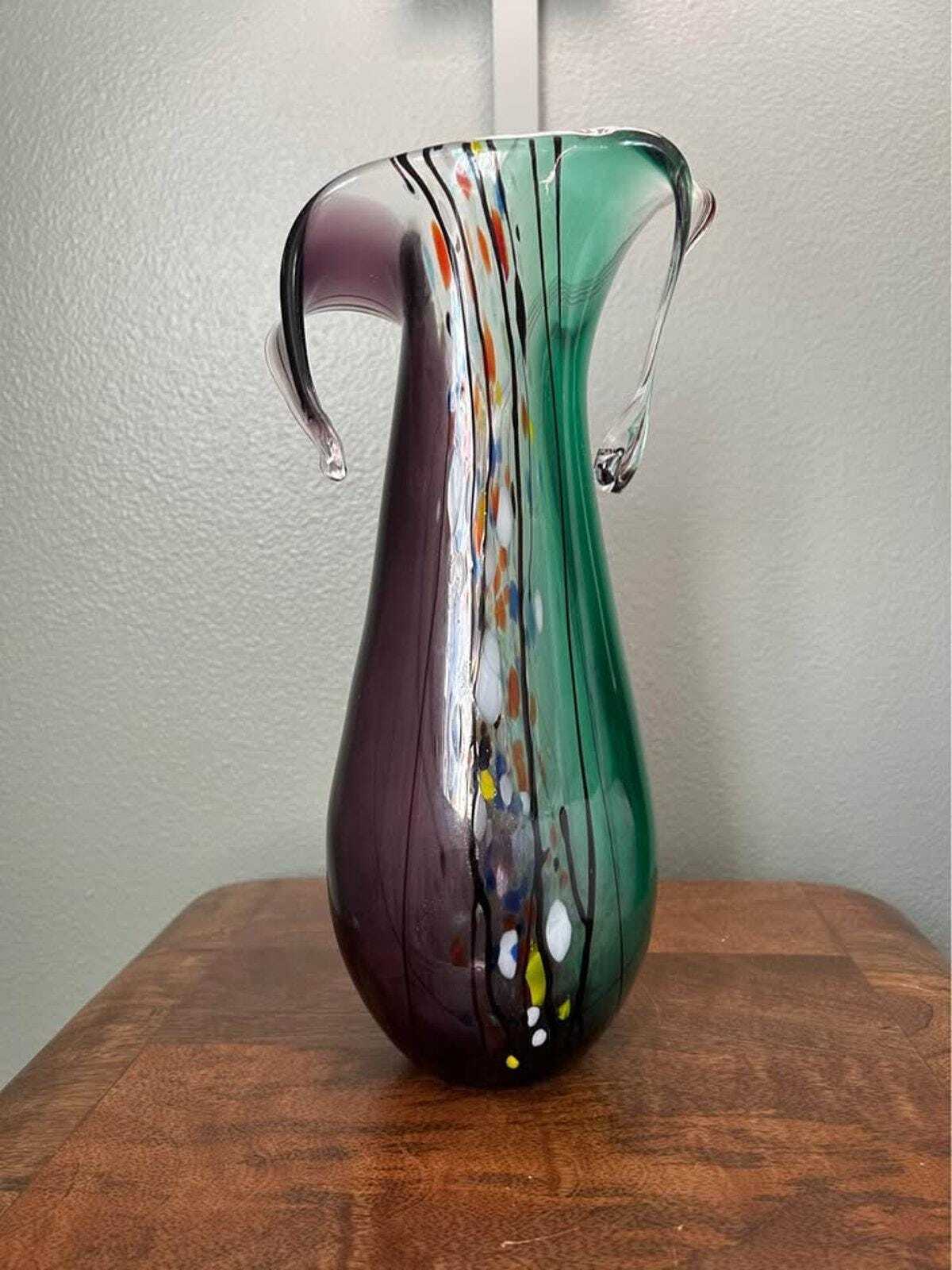 Mid-Century Art Glass Pitcher | Green & Amethyst Confetti, 11" Hand-Blown Vase