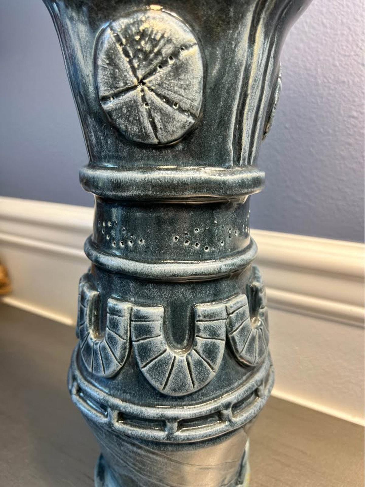 Artisan Indigo Blue Sand Dollar Pottery Vase - 11.5" Tall Coastal Stoneware