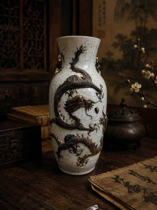 Antique Chinese Crackle Glaze Applied Dragon Vase Qing Dynasty