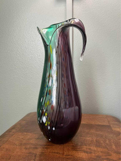 Mid-Century Art Glass Pitcher | Green & Amethyst Confetti, 11" Hand-Blown Vase