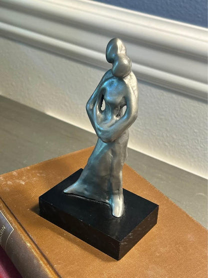 L. Chanin Abstract Pewter Couple Sculpture | Modernist Lovers Statue, Black Stone Base