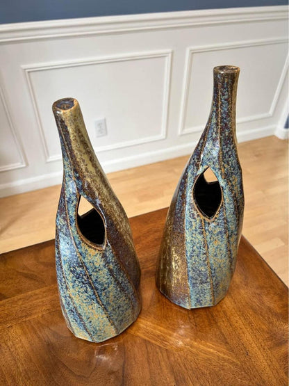 Vintage Studio Pottery Modernist Ikebana Vases Pair - Signed