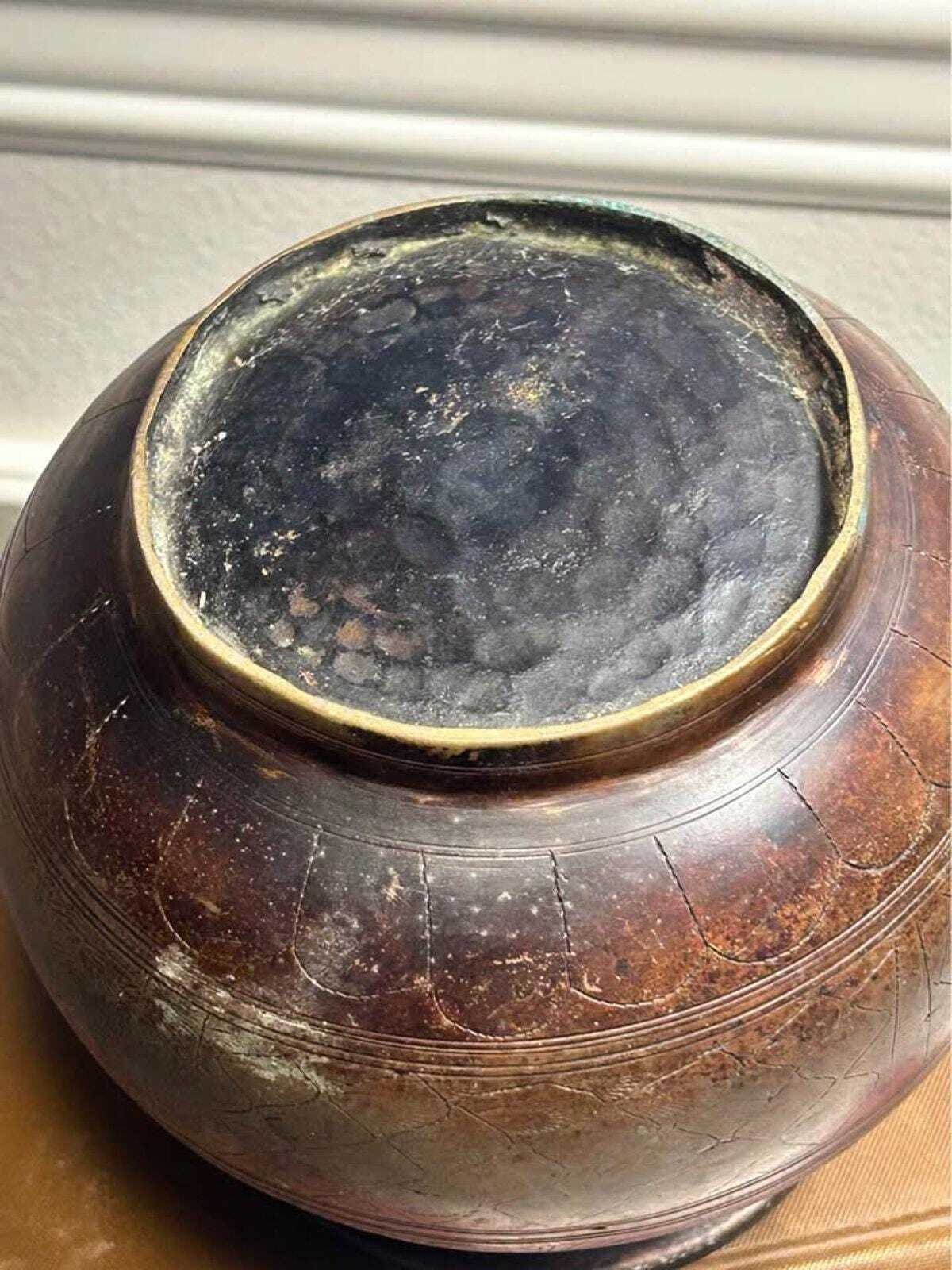 Vintage Hand-Engraved Indian Brass Lota Kalash Water Pot Etched Metal Vase
