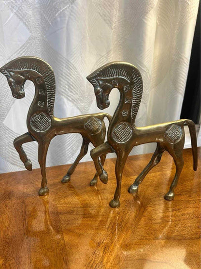 Vintage Mid-Century Brass Greek Geometric Horse Figurines | Etruscan Revival Sculptures | Frederick