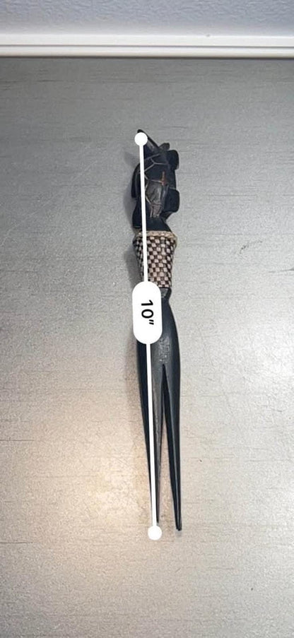 Vintage Kenyan Wood Turtle Salad Fork - Hand-Carved Ebony and Woven Raffia - 10 Inches