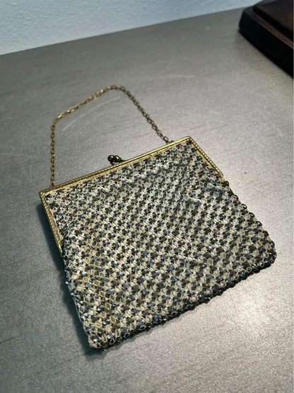 Vintage Rhinestone Mesh Evening Bag Etched Gold Tone Frame Satin Lined Purse