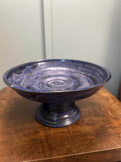 Cindy Briffis Studio Pottery Pedestal Bowl, Cobalt Blue Glaze, Brutalist MCM Decor