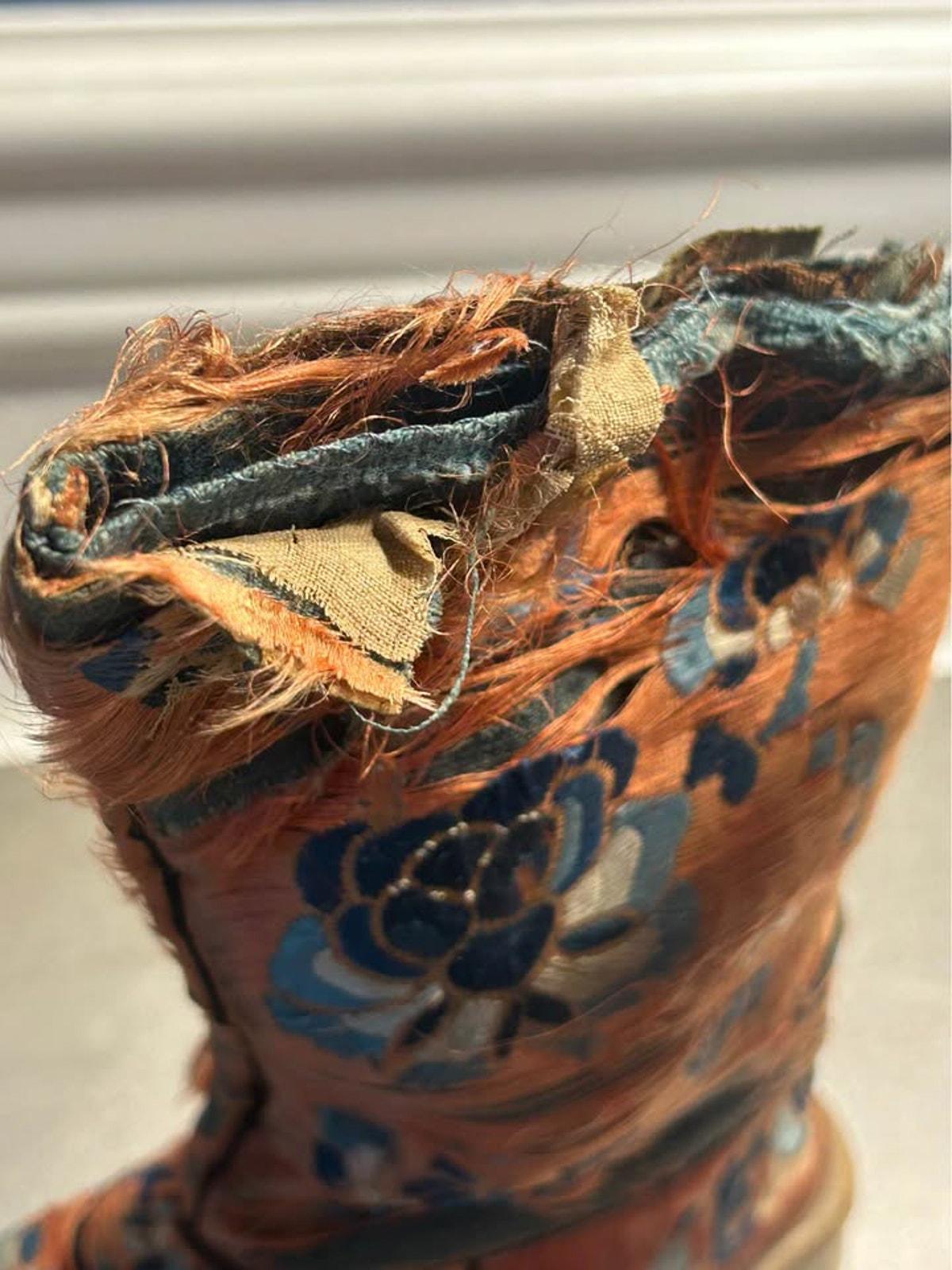Antique Chinese Silk Embroidered Lotus Shoes Distressed Qing Dynasty