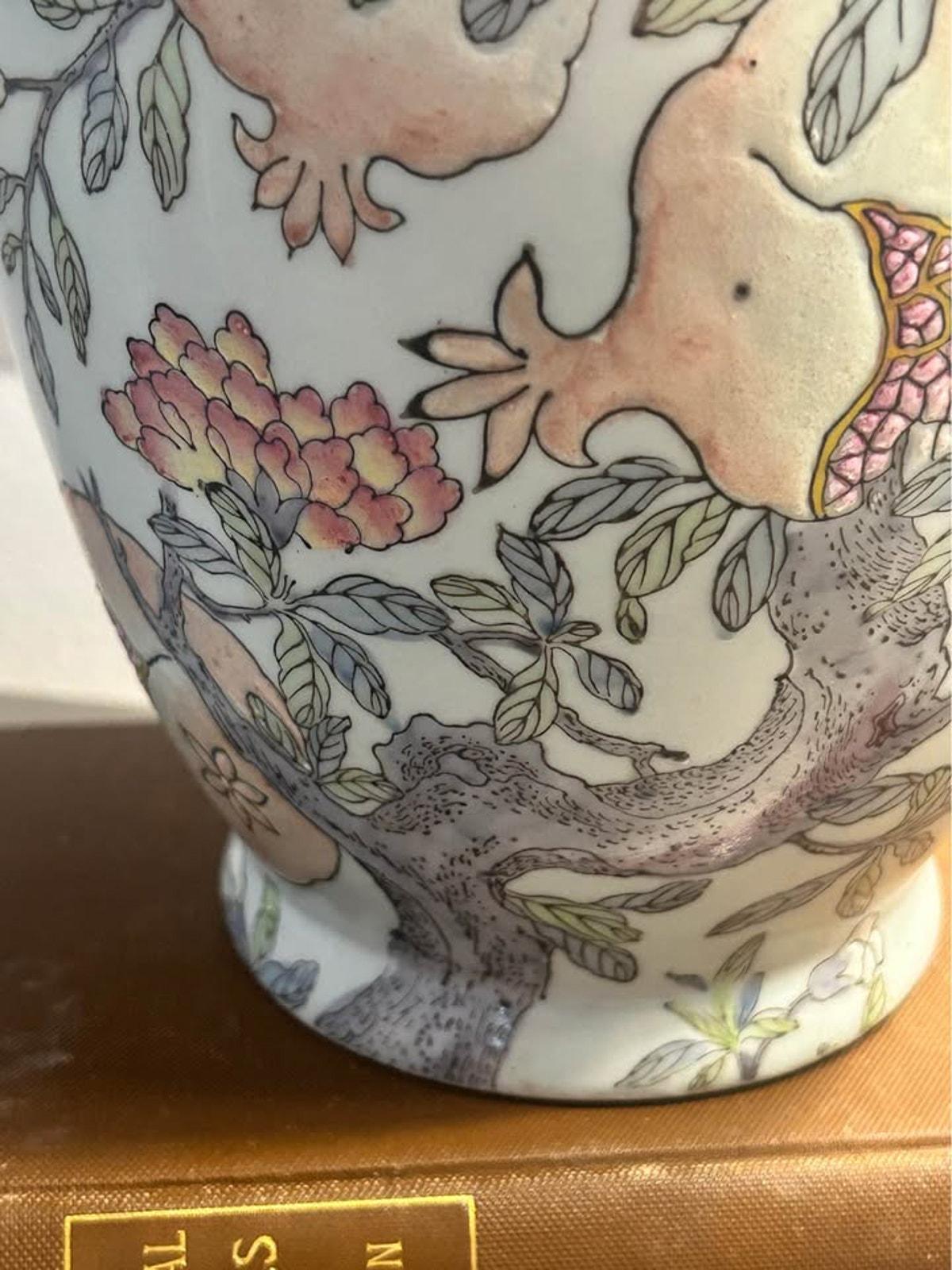 Vintage Chinese Porcelain Famille Rose Pomegranate Vase Celadon Ground Apocryphal Qianlong Mark