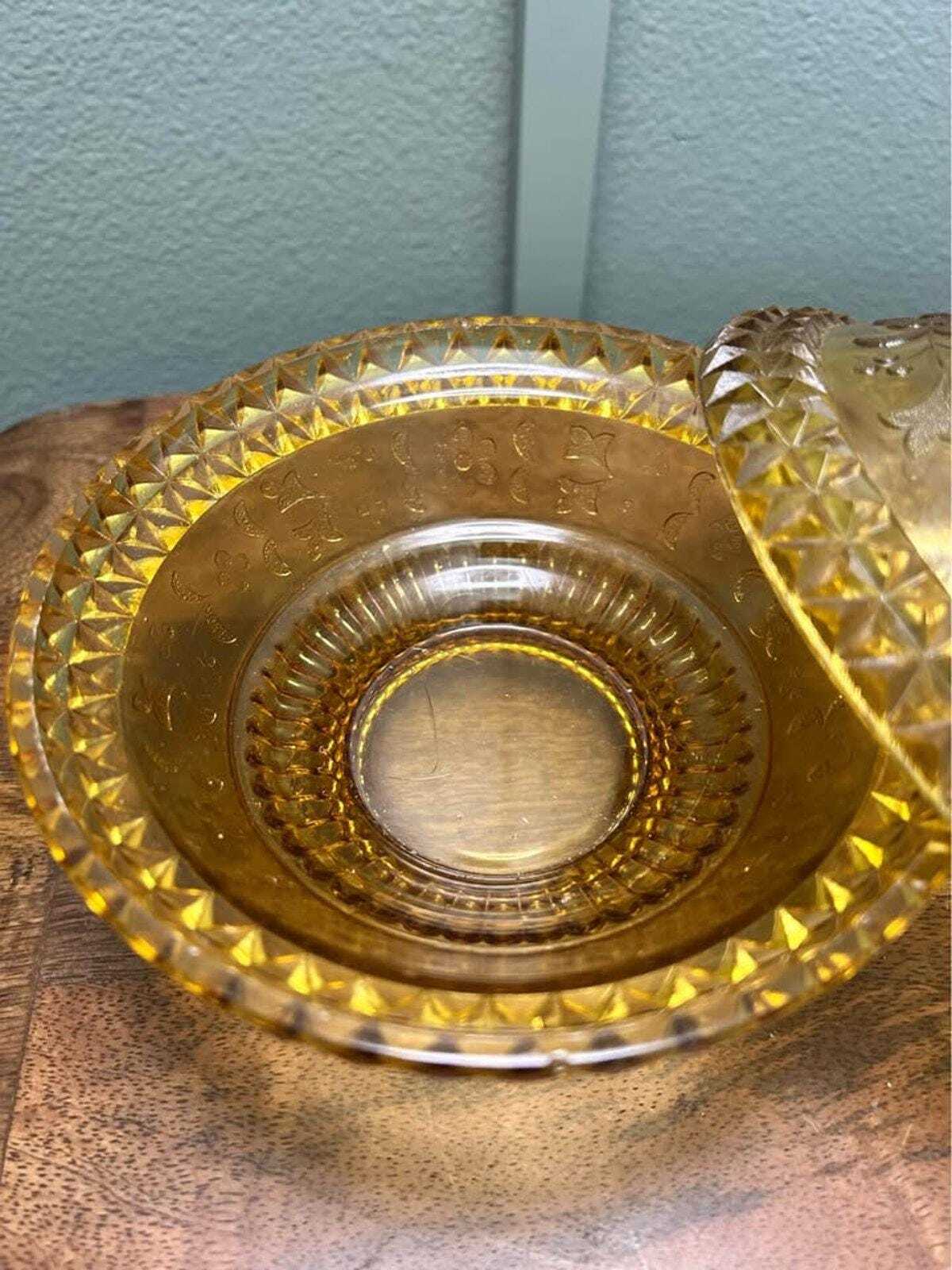 Adams Wildflower Pattern Amber Glass Pitcher and Covered Sweetmeat Set