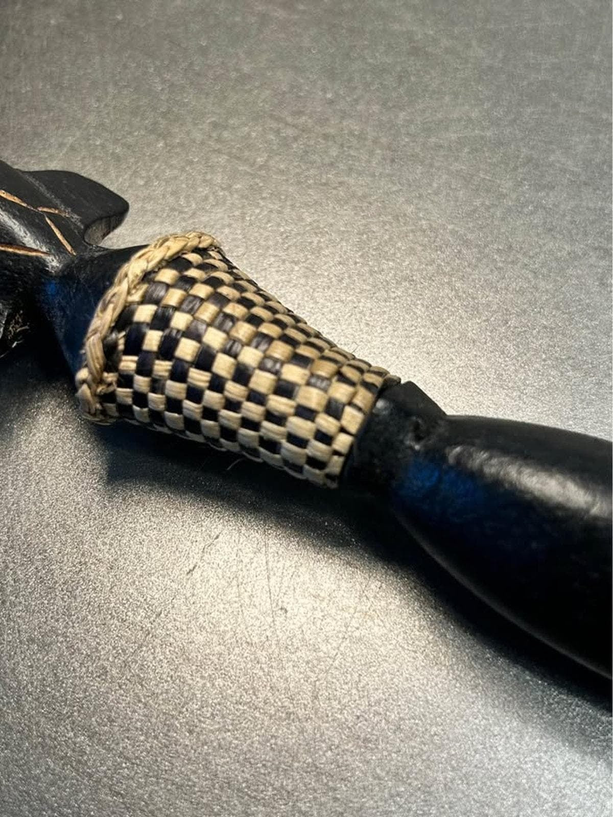 Vintage Kenyan Wood Turtle Salad Fork - Hand-Carved Ebony and Woven Raffia - 10 Inches