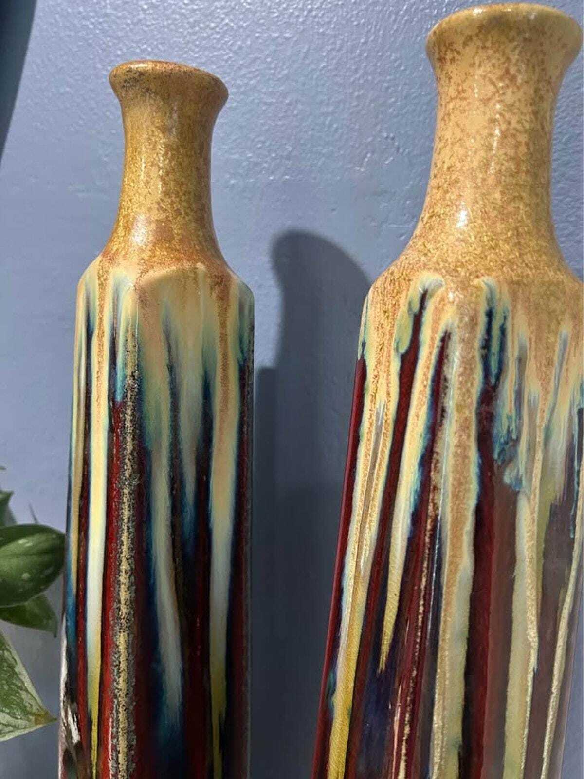 Pair of 19" Tall Vintage Studio Pottery Obelisk Vases