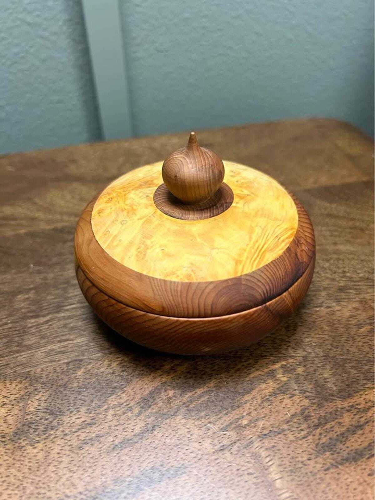 Studio-Signed "WK" Hand-Turned Burl and Cedar Lidded Vessel