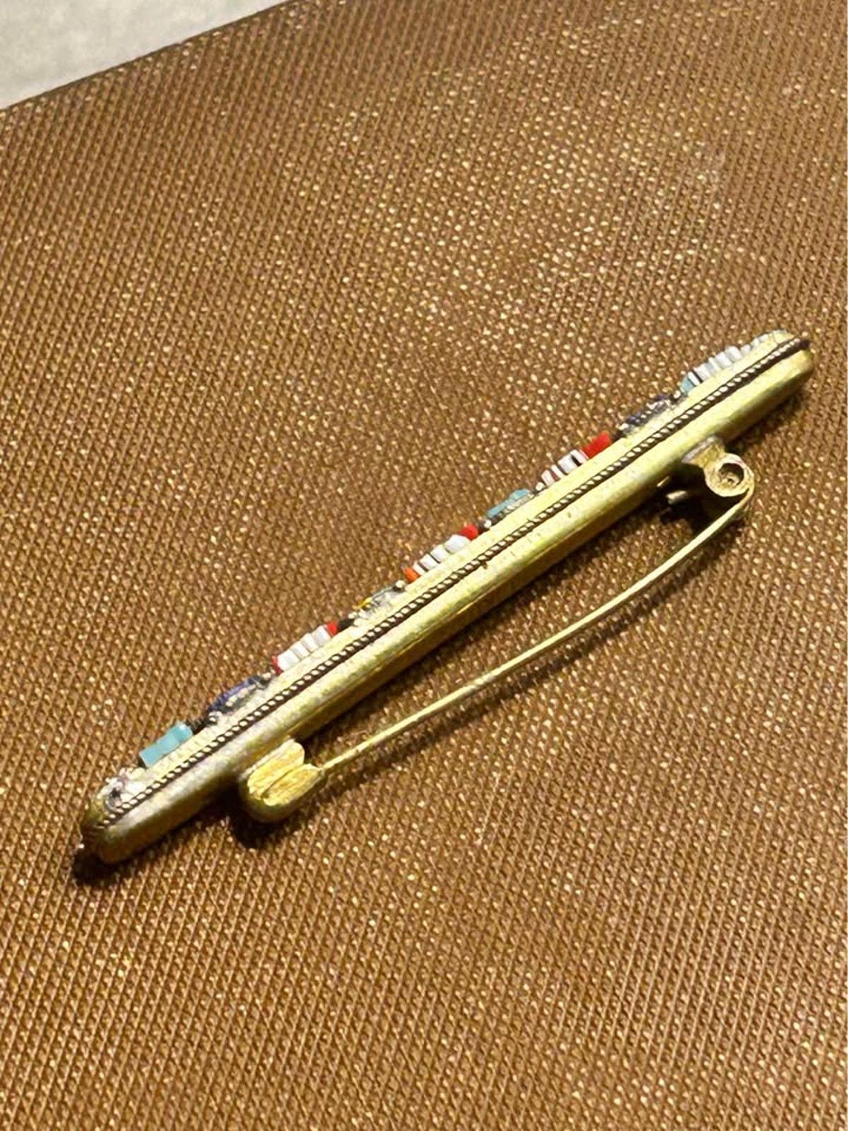 Vintage Italian Micro Mosaic Floral Bar Pin Brass Grand Tour Style Brooch