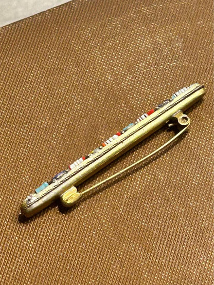 Vintage Italian Micro Mosaic Floral Bar Pin Brass Grand Tour Style Brooch