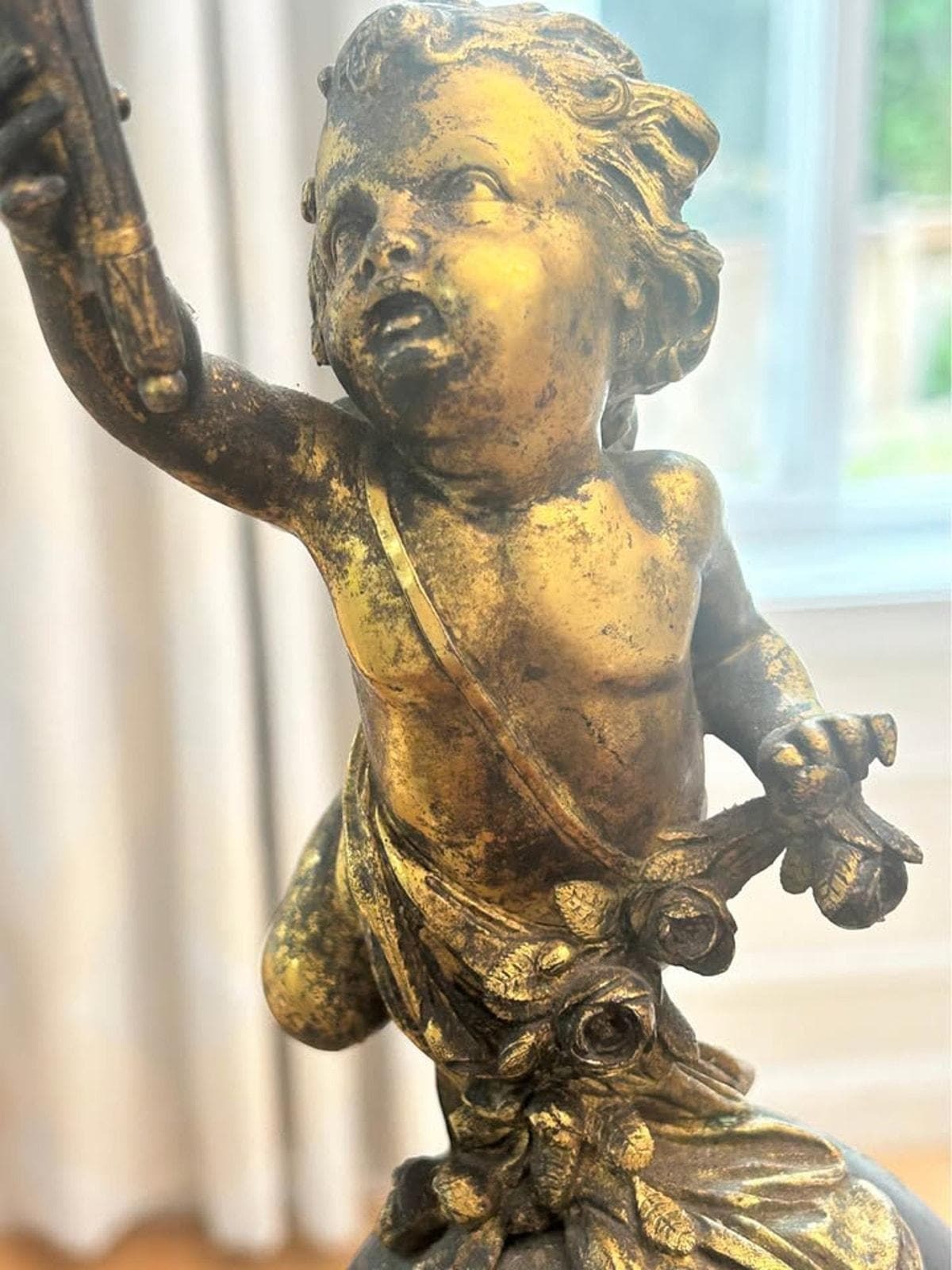 Antique French Style Gilt Spelter Putti Candlesticks on Marble Bases
