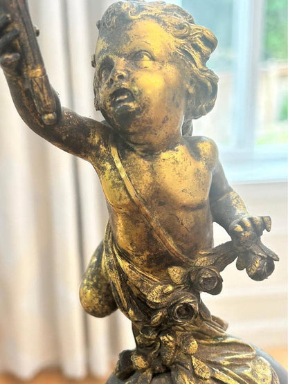 Antique French Style Gilt Spelter Putti Candlesticks on Marble Bases