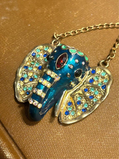 Vintage Betsey Johnson Blue Enamel Elephant Pendant Necklace